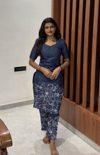 Navy Blue Lily Line-Art Print Co-ord Set