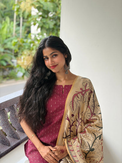 Elara Maron Women's  Chanderi Jari line Ethnic Set with Dupatta |LCPM 058