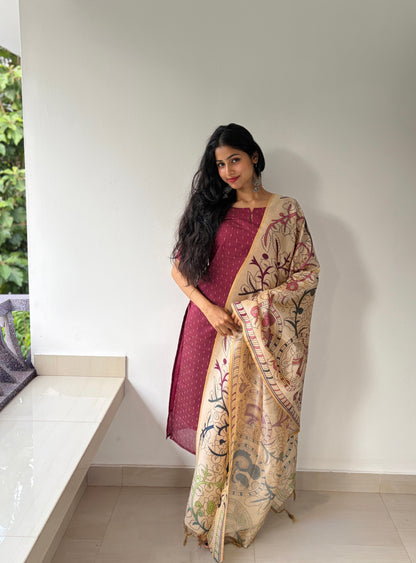 Elara Maron Women's  Chanderi Jari line Ethnic Set with Dupatta |LCPM 058