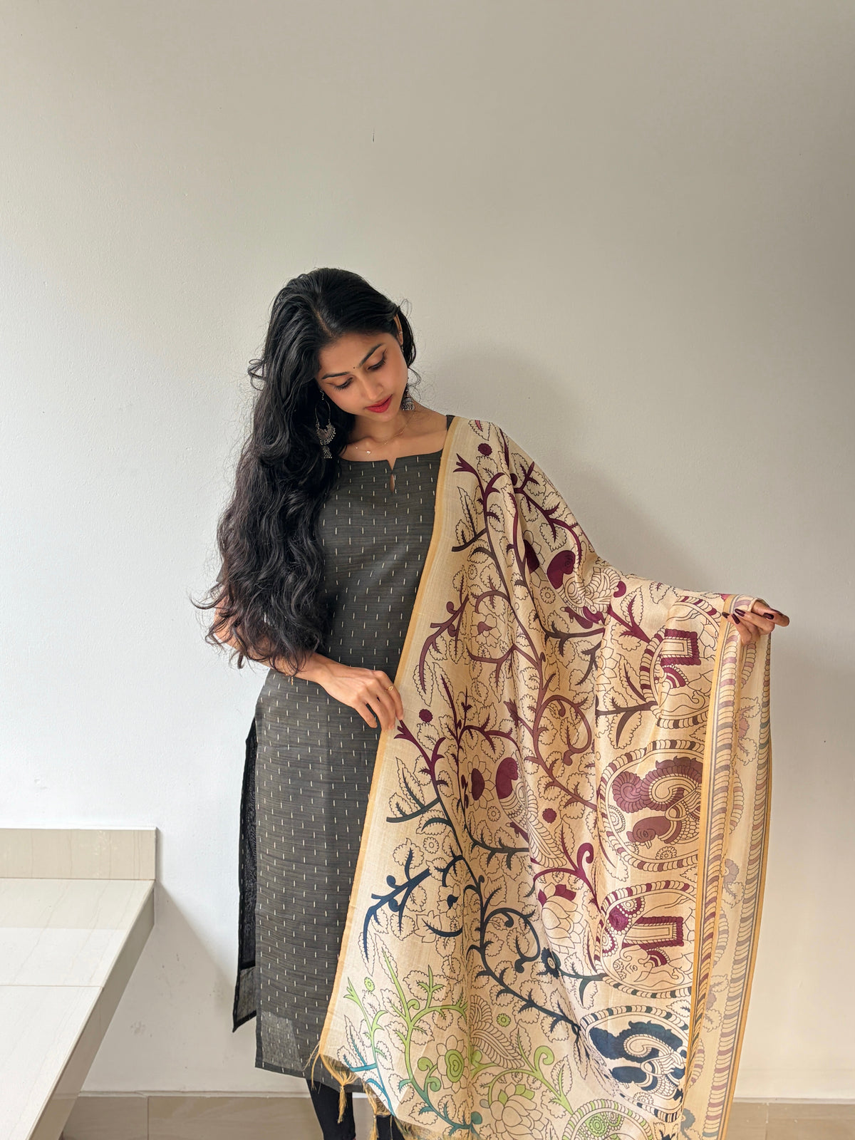 Elara Charcoal Grey Women's  Chanderi Jari line Ethnic Set with Dupatta | F - 008