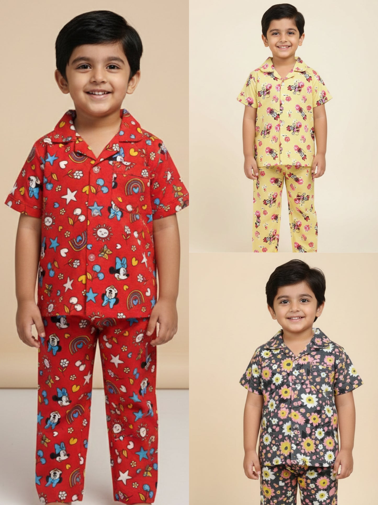 Kids All over printed night suit pack of 3 red Rainbow  yellow mickey and  Brown Daisy