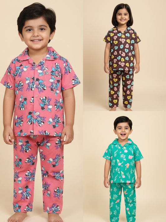 Kids All over printed night suit pack of 3 Pale red mickey, Choco heart & Green Tulip