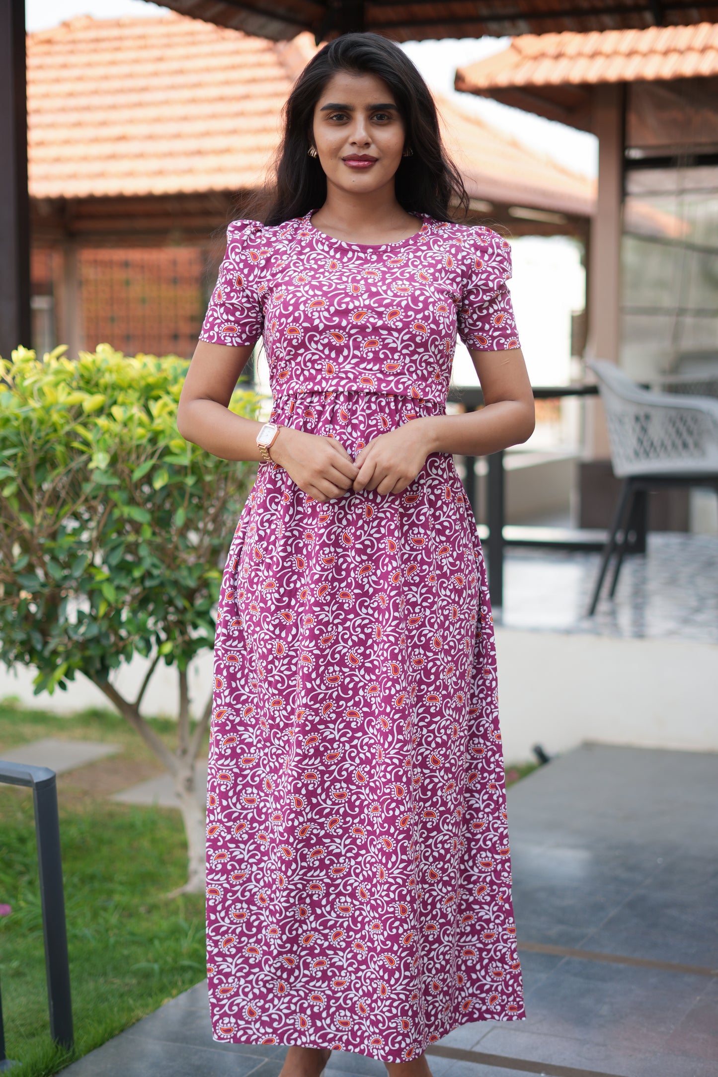 Zipless Feeding Maternity Gown Maroon White Floral- Puff sleeve 52 inches