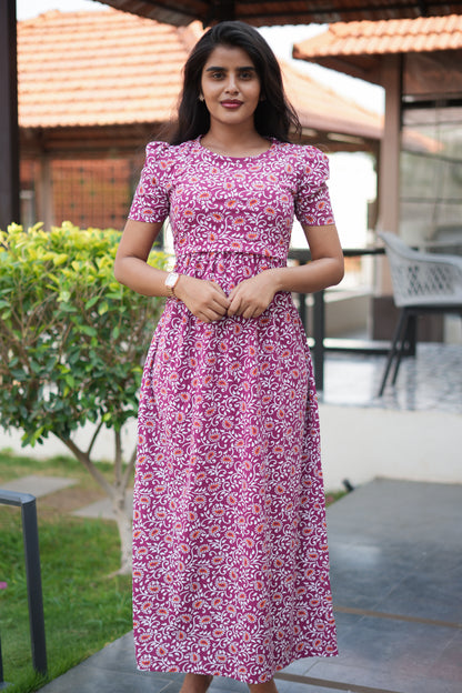 Zipless Feeding Maternity Gown Maroon White Floral- Puff sleeve 52 inches