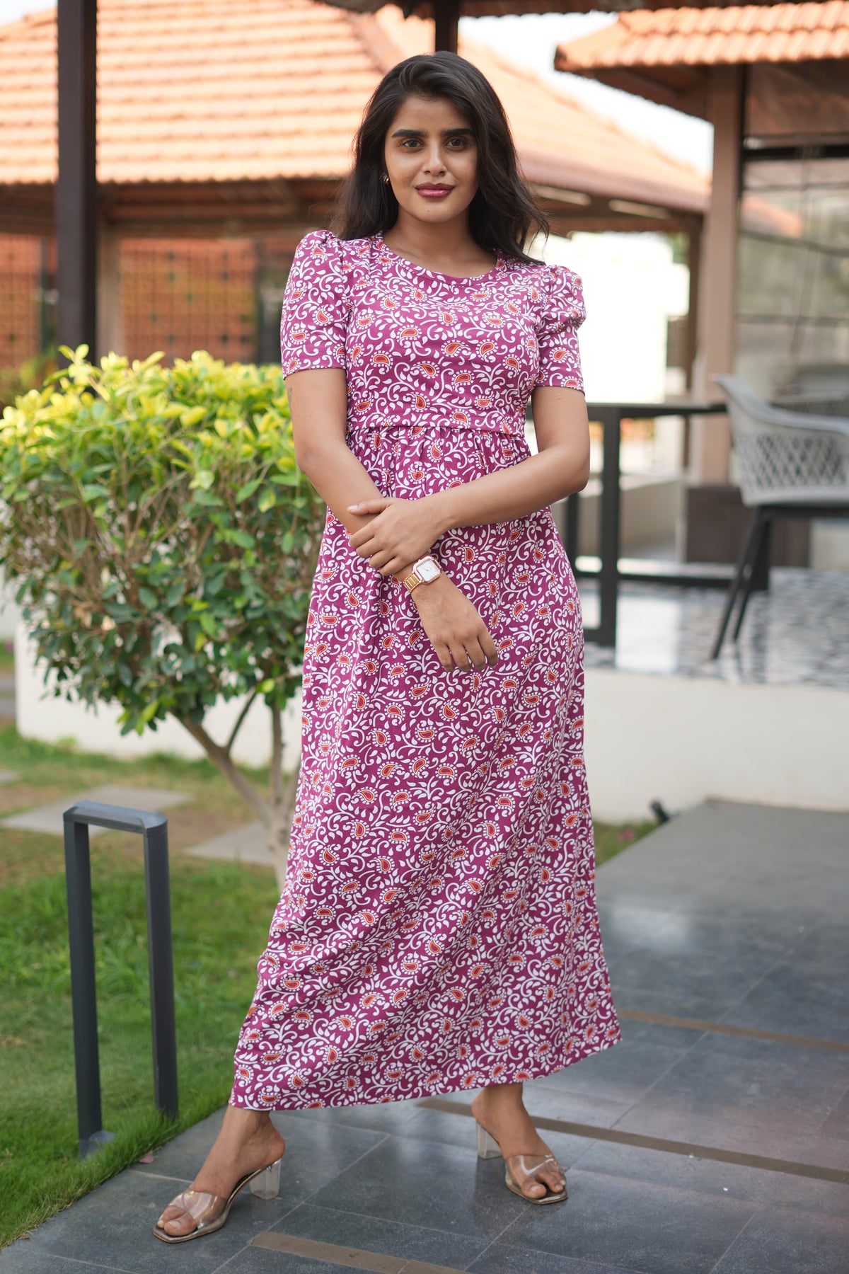Zipless Feeding Maternity Gown Maroon White Floral- Puff sleeve 52 inches