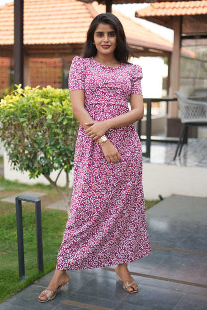 Zipless Feeding Maternity Gown Maroon White Floral- Puff sleeve 52 inches