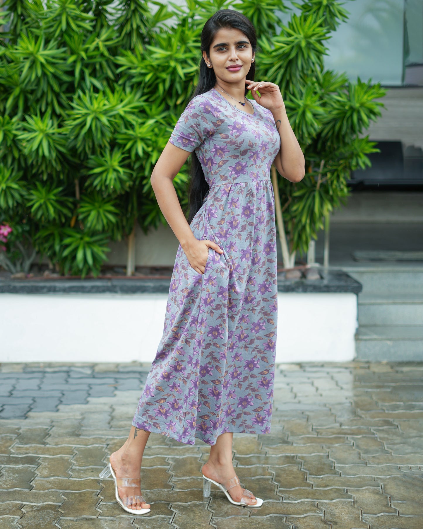 Women’s Printed Red Leaf Floral & Melange Purple  Floral Maxi Dress Combo