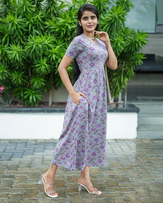 Women’s Printed Red Leaf Floral & Melange Purple  Floral Maxi Dress Combo