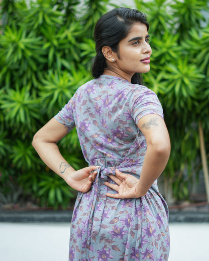 Women’s Printed Red Leaf Floral & Melange Purple  Floral Maxi Dress Combo