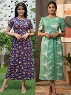 Multicolor & Green dyed Printed Maxi Dress Combo for Women