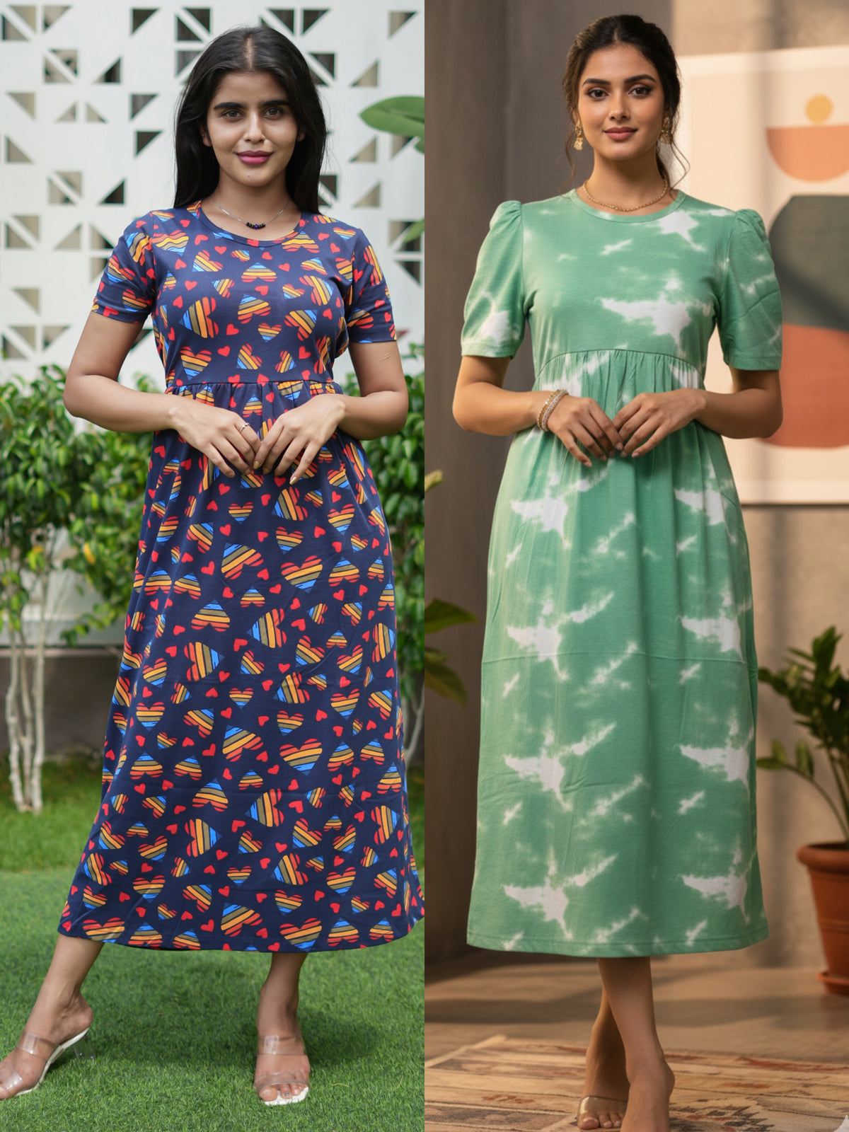 Multicolor & Green dyed Printed Maxi Dress Combo for Women