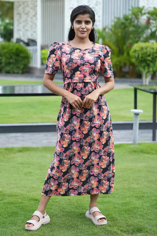 Zipless Feeding Maternity Wear with Puff Sleeve Multicolor