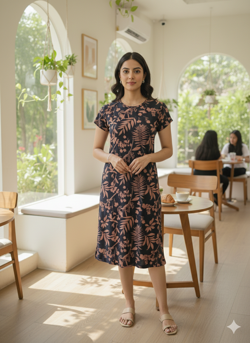 Women's Long Polo Navy Brown Floral