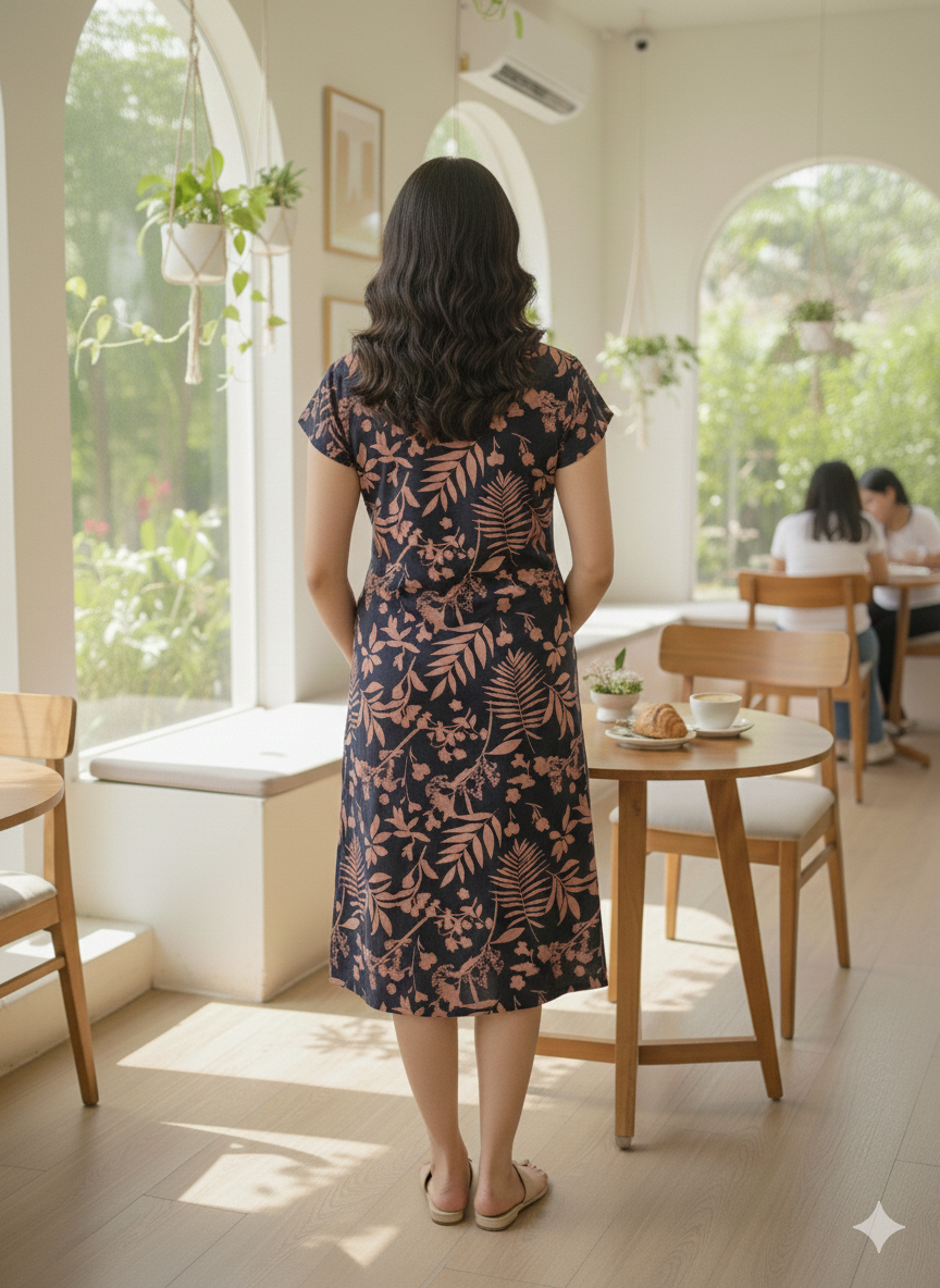 Women's Long Polo Navy Brown Floral