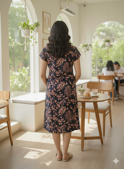 Women's Long Polo Navy Brown Floral