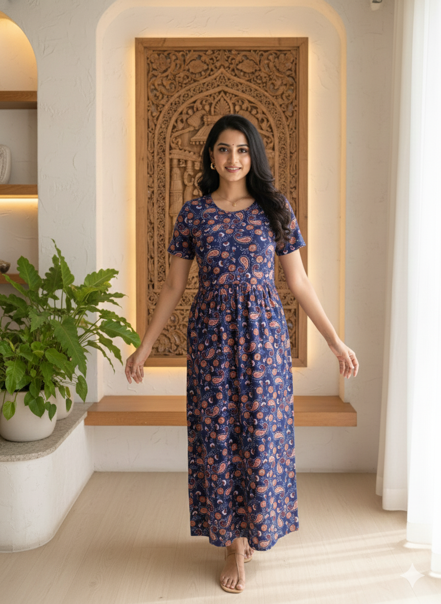 Zipless Feeding Maternity Wear without Puff Sleeve Navy Rangoli