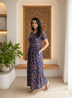 Zipless Feeding Maternity Wear without Puff Sleeve Navy Rangoli