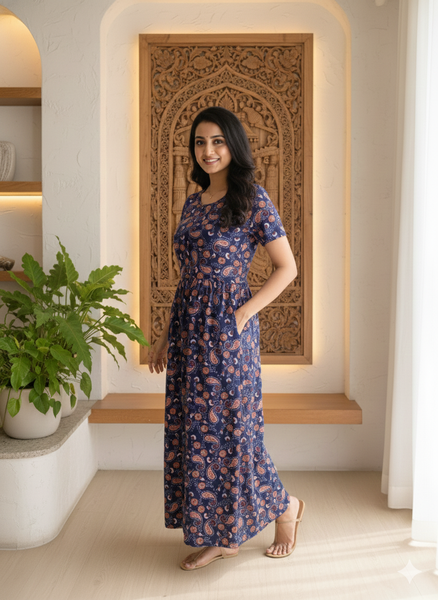 Zipless Feeding Maternity Wear without Puff Sleeve Navy Rangoli