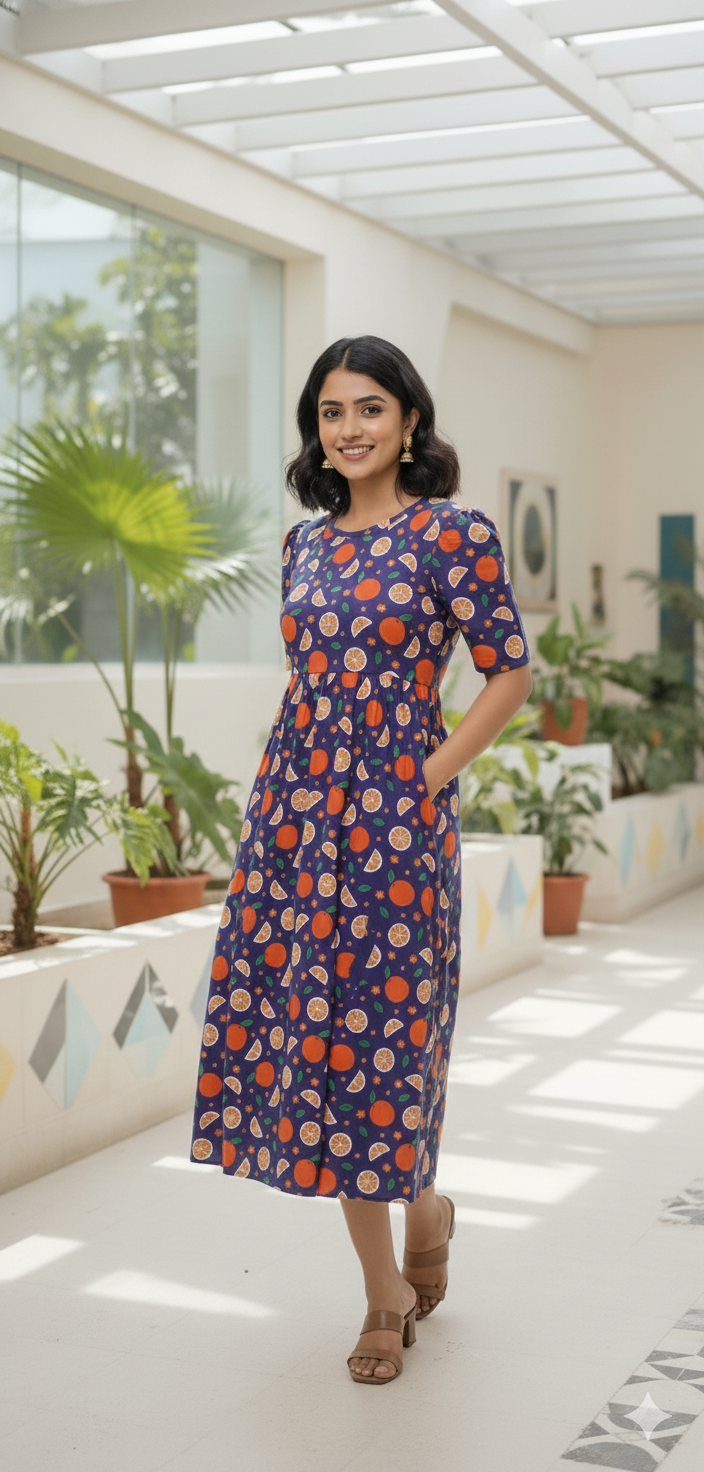 Women’s Printed Navy Fruits & Pink Kitty Printed Maxi Dress Combo