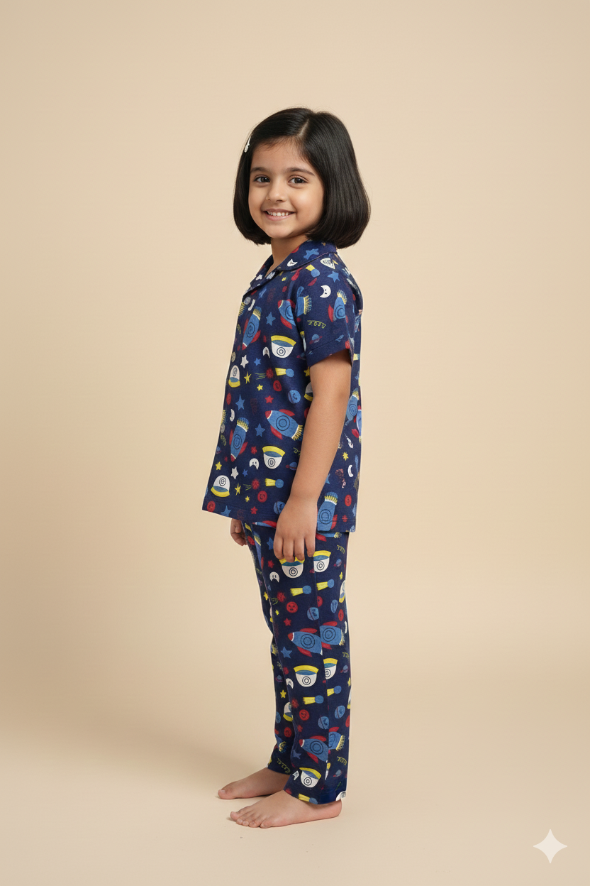 Kids All over printed night suit pack of 3 Pale Pink Silver Drop & navy space