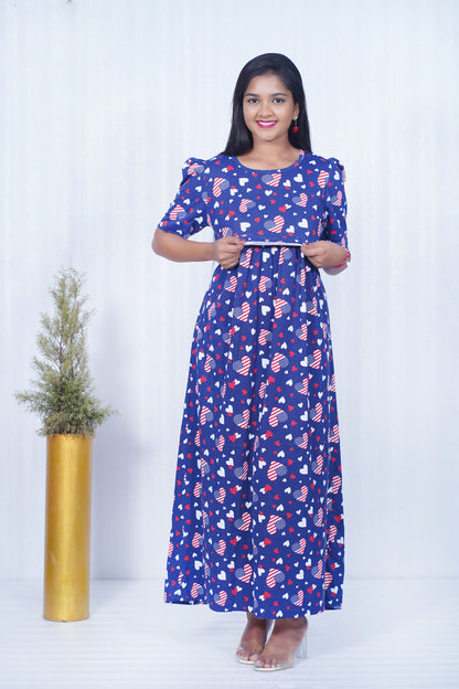 Zipless Feeding Maternity Gown- Puff sleeve 52 inches