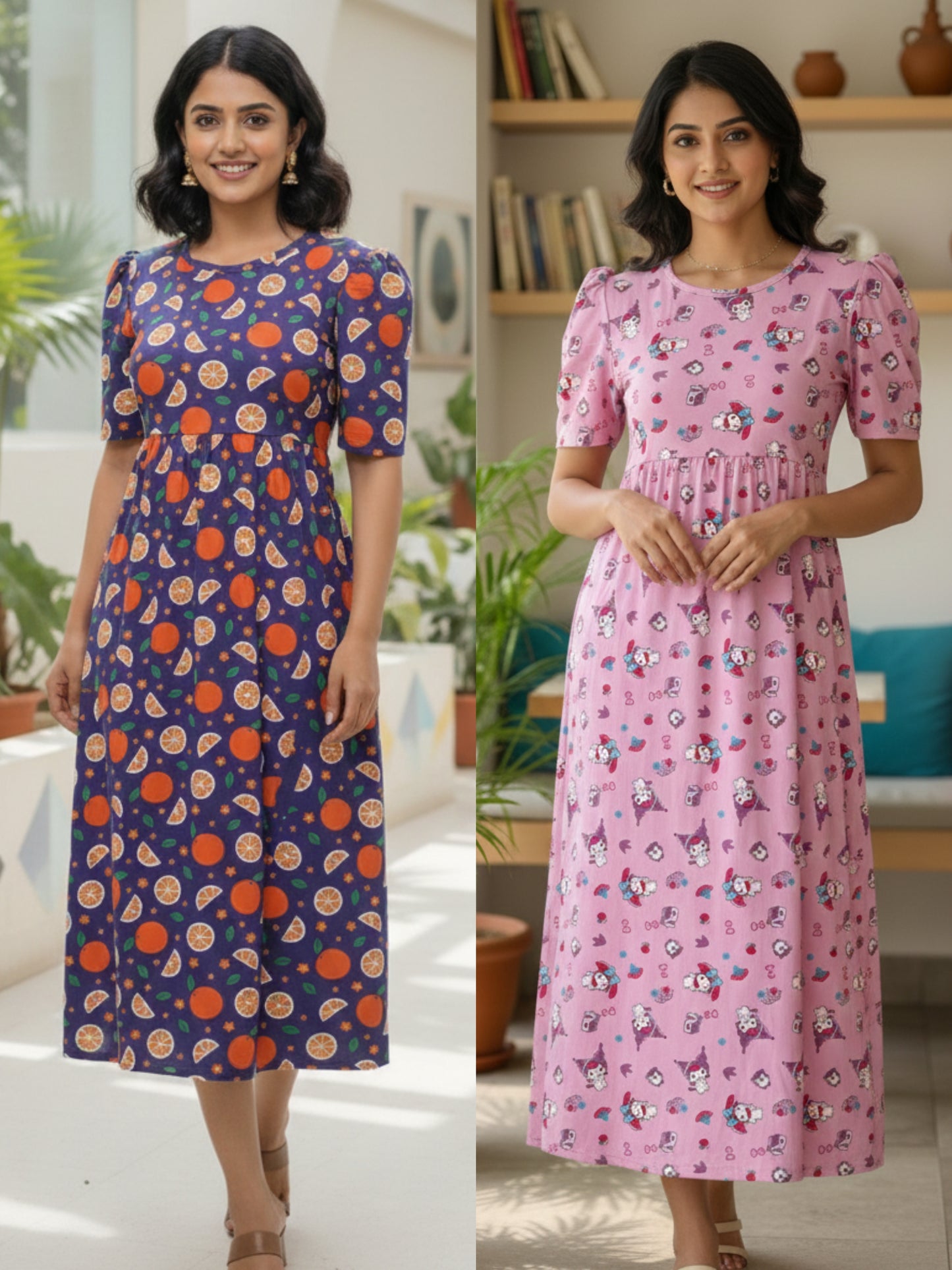 Women’s Printed Navy Fruits & Pink Kitty Printed Maxi Dress Combo