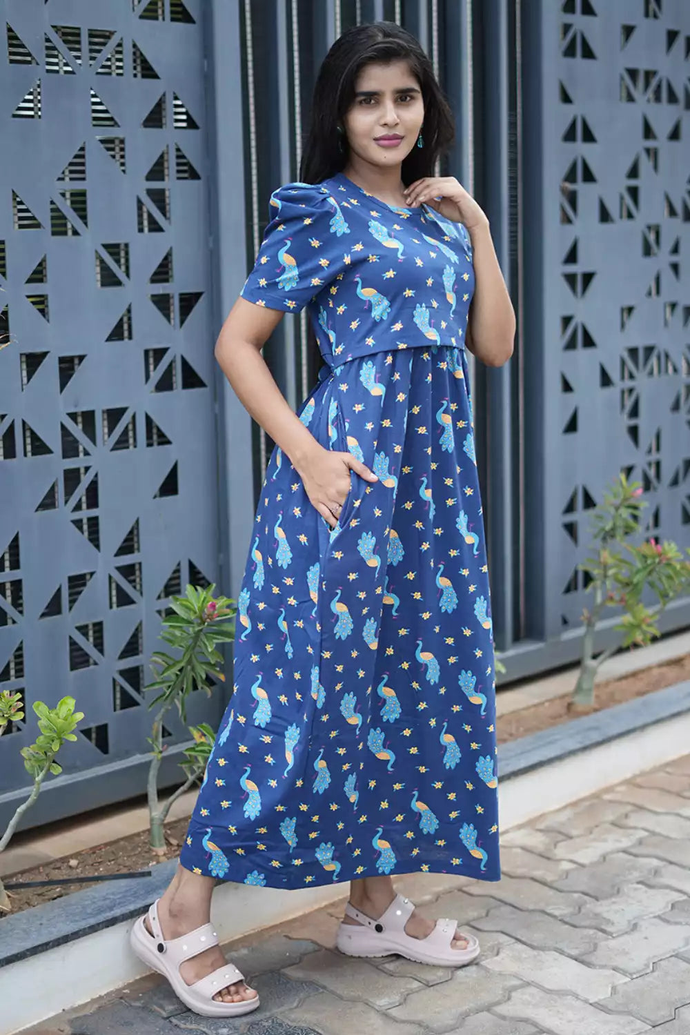 Zipless Feeding Maternity Wear with Puff Sleeve Navy Peacock