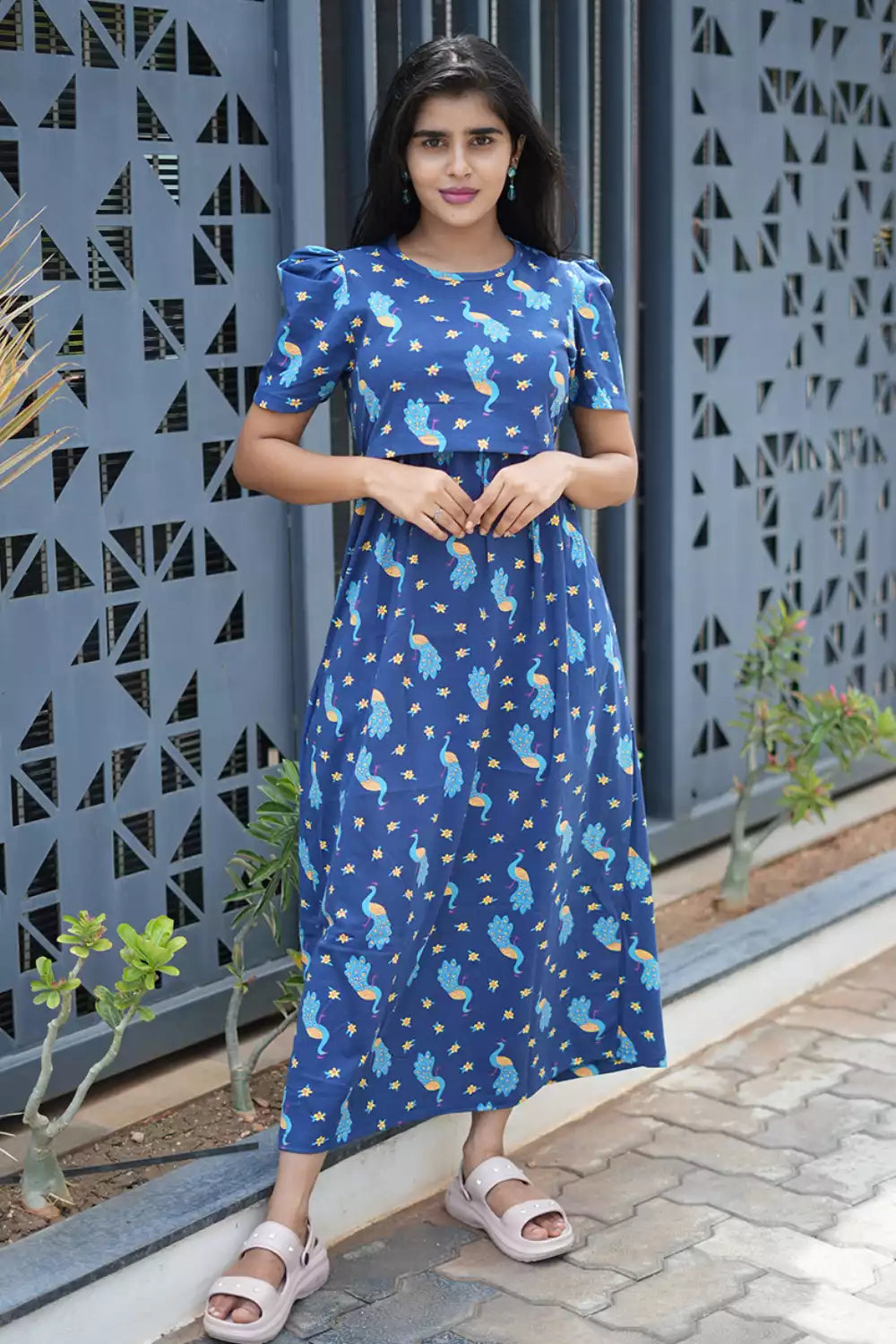 Zipless Feeding Maternity Wear with Puff Sleeve Navy Peacock