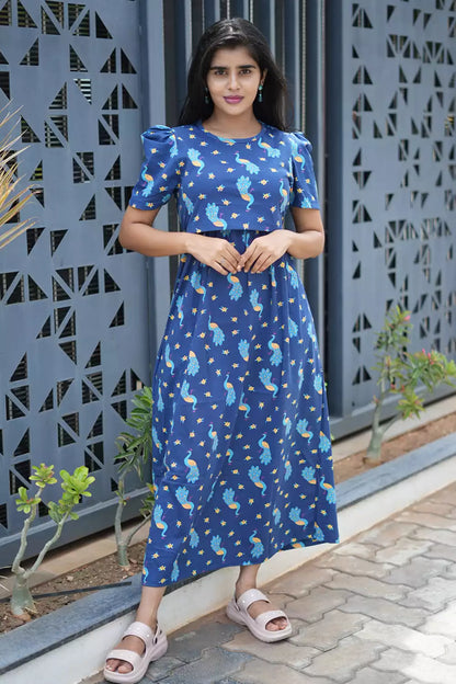 Zipless Feeding Maternity Wear with Puff Sleeve Navy Peacock