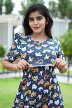 Zipless Feeding Maternity Wear with Puff Sleeve Navy Rainbow
