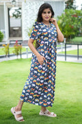 Zipless Feeding Maternity Wear with Puff Sleeve Navy Rainbow