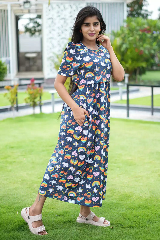 Zipless Feeding Maternity Wear with Puff Sleeve Navy Rainbow