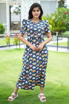 Zipless Feeding Maternity Wear with Puff Sleeve Navy Rainbow