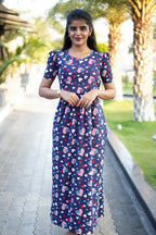 Zipless Feeding Maternity Gown Navy us- Puff sleeve 52 inches