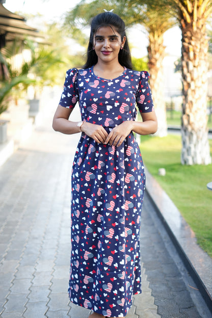 Zipless Feeding Maternity Gown Navy us- Puff sleeve 52 inches