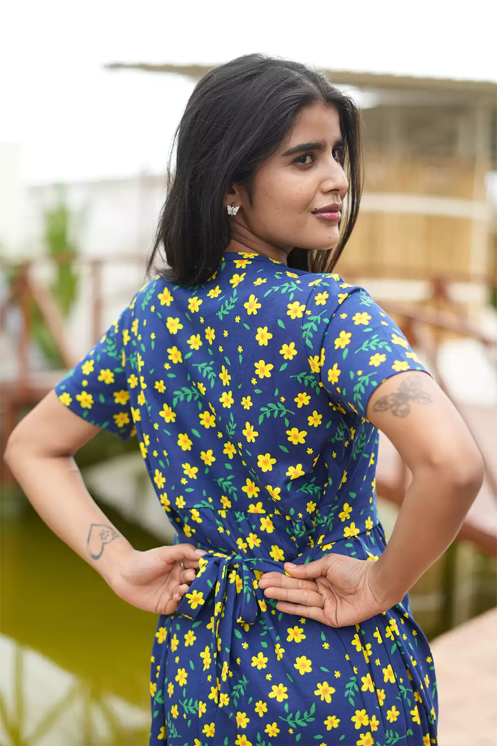 Zipless Feeding Maternity Wear without Puff Sleeve Navy Yellow