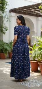 Zipless Feeding Maternity Gown Navy Bird - Puff sleeve 52 inches