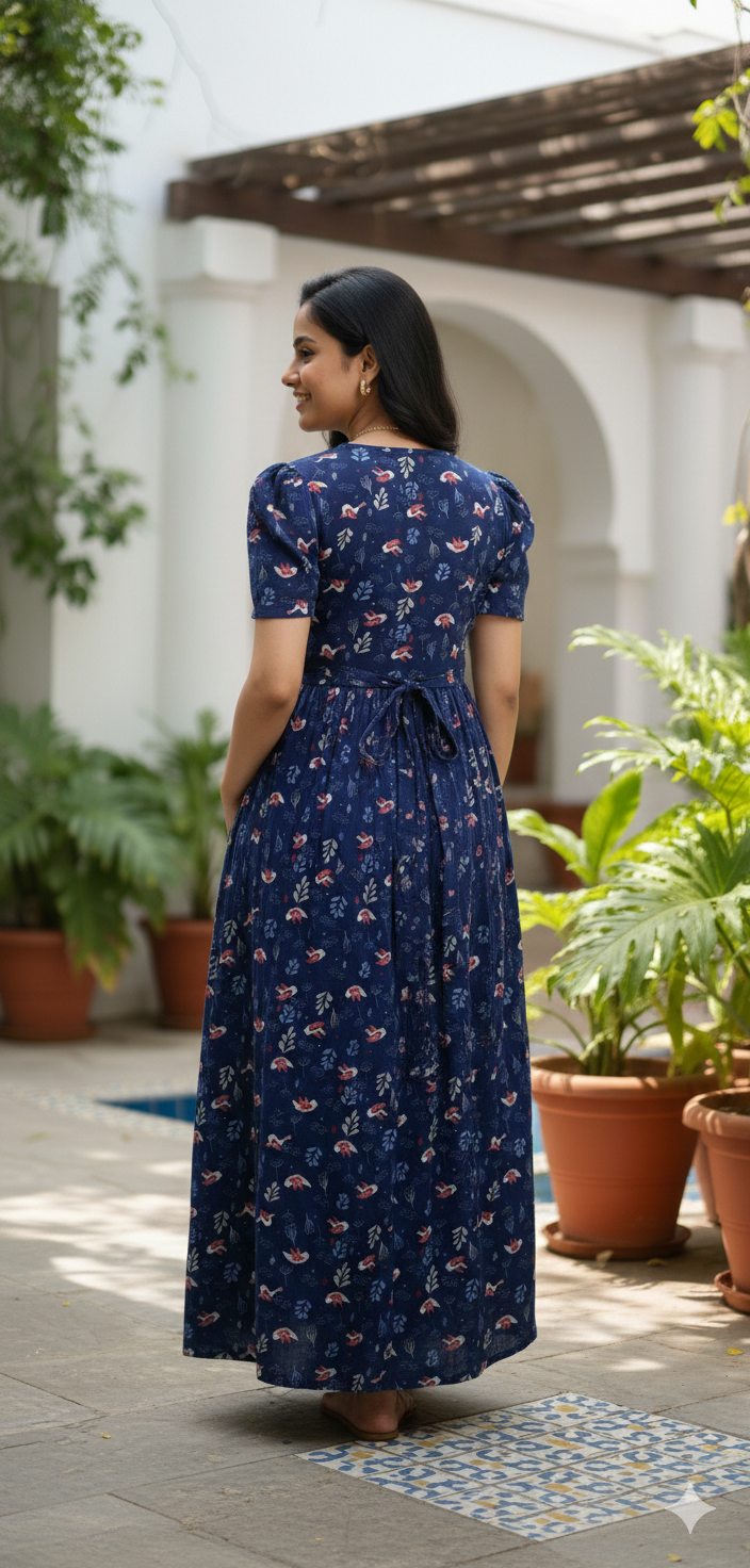 Zipless Feeding Maternity Gown Navy Bird - Puff sleeve 52 inches