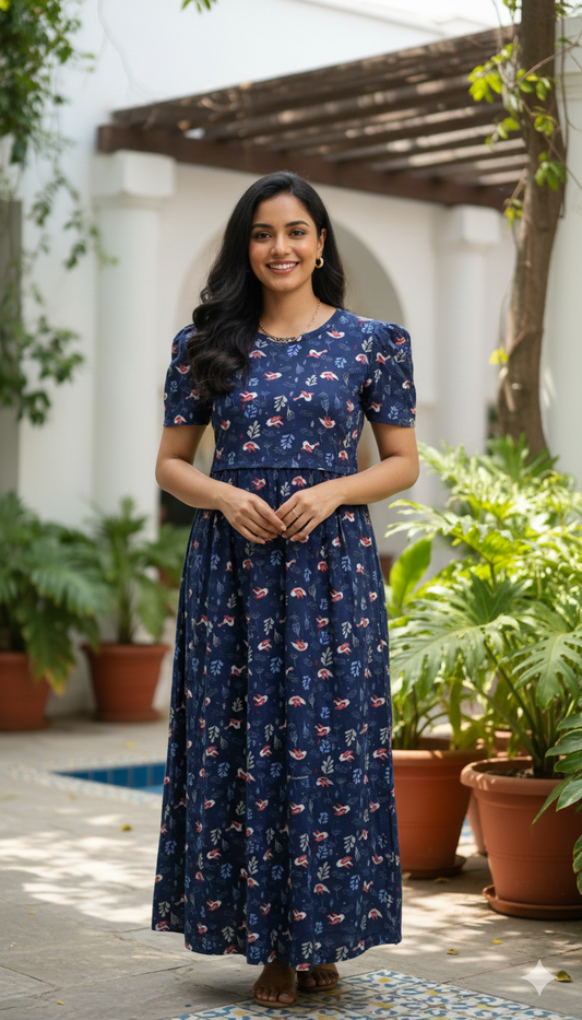 Zipless Feeding Maternity Gown Navy Bird - Puff sleeve 52 inches