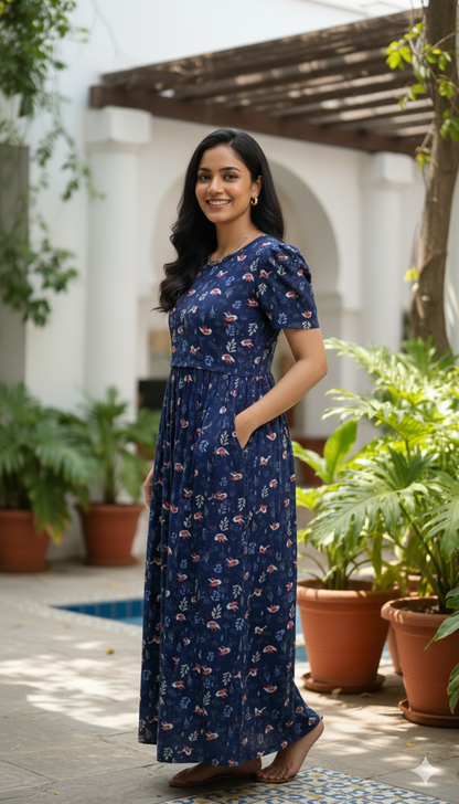 Zipless Feeding Maternity Gown Navy Bird - Puff sleeve 52 inches