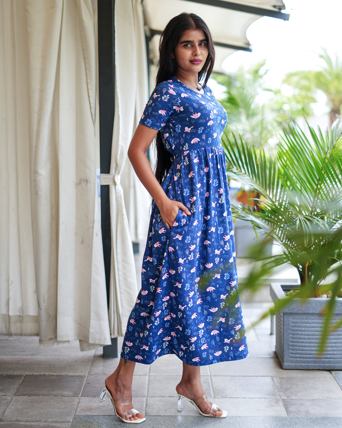 Blue Butterfly & Navy Bird Printed Maxi Dress Combo for Women