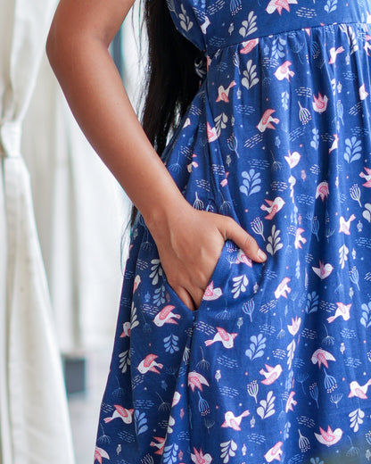 Blue Butterfly & Navy Bird Printed Maxi Dress Combo for Women