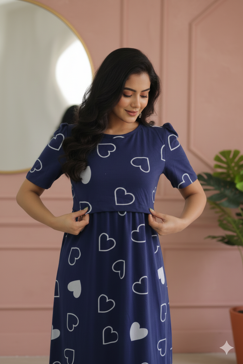 Zipless Feeding Maternity Gown Navy Heart - Puff sleeve 52 inches