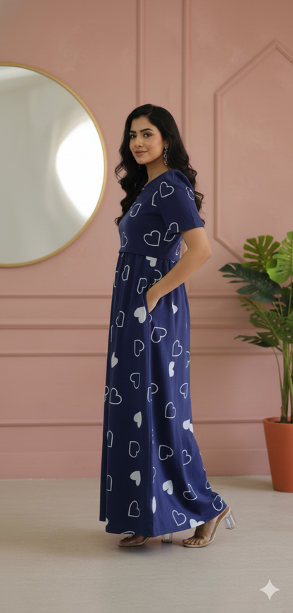 Zipless Feeding Maternity Gown Navy Heart - Puff sleeve 52 inches