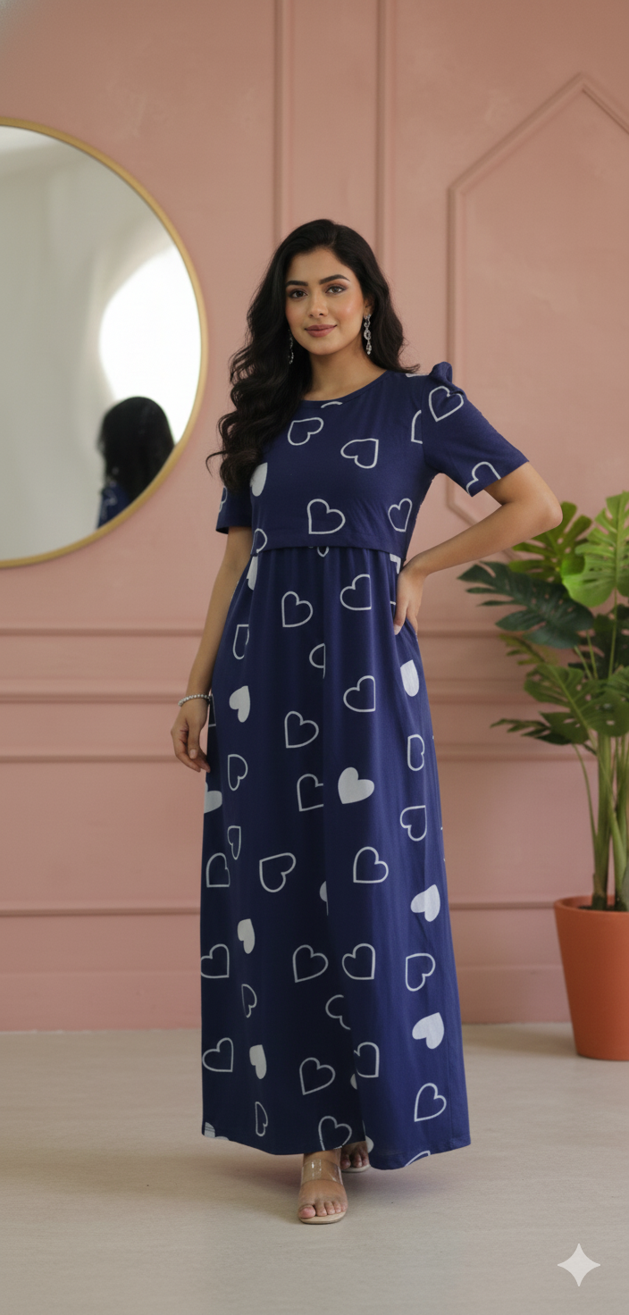Zipless Feeding Maternity Gown Navy Heart - Puff sleeve 52 inches