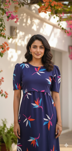 Zipless Feeding Maternity Gown Navy Leaf - Puff sleeve 52 inches