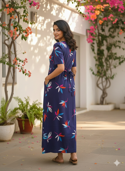 Zipless Feeding Maternity Gown Navy Leaf - Puff sleeve 52 inches