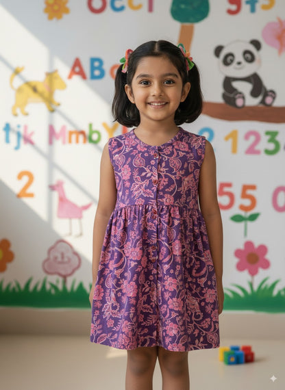 Navy Orange Floral Printed Girls Frock