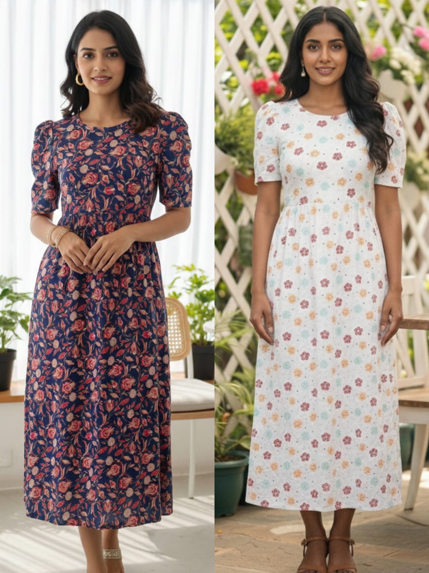 Women’s Printed White Melange Floral & Navy Orange Floral Maxi Dress Combo