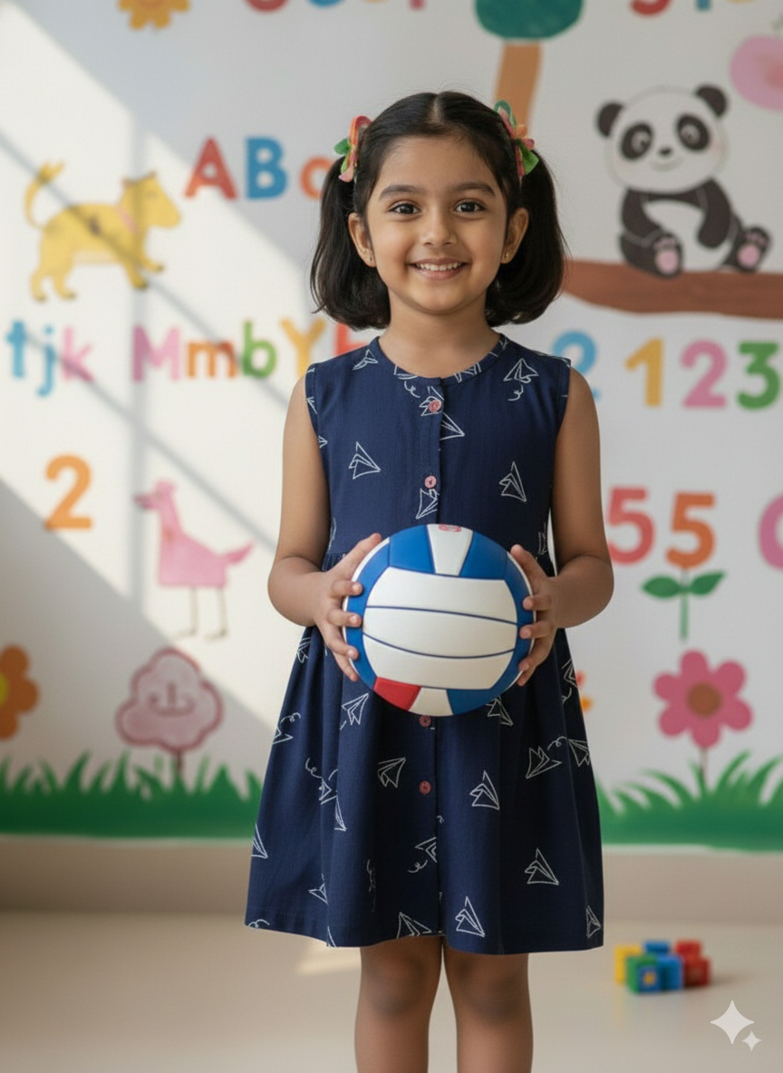 Navy Paper Plane Printed Girls Frock